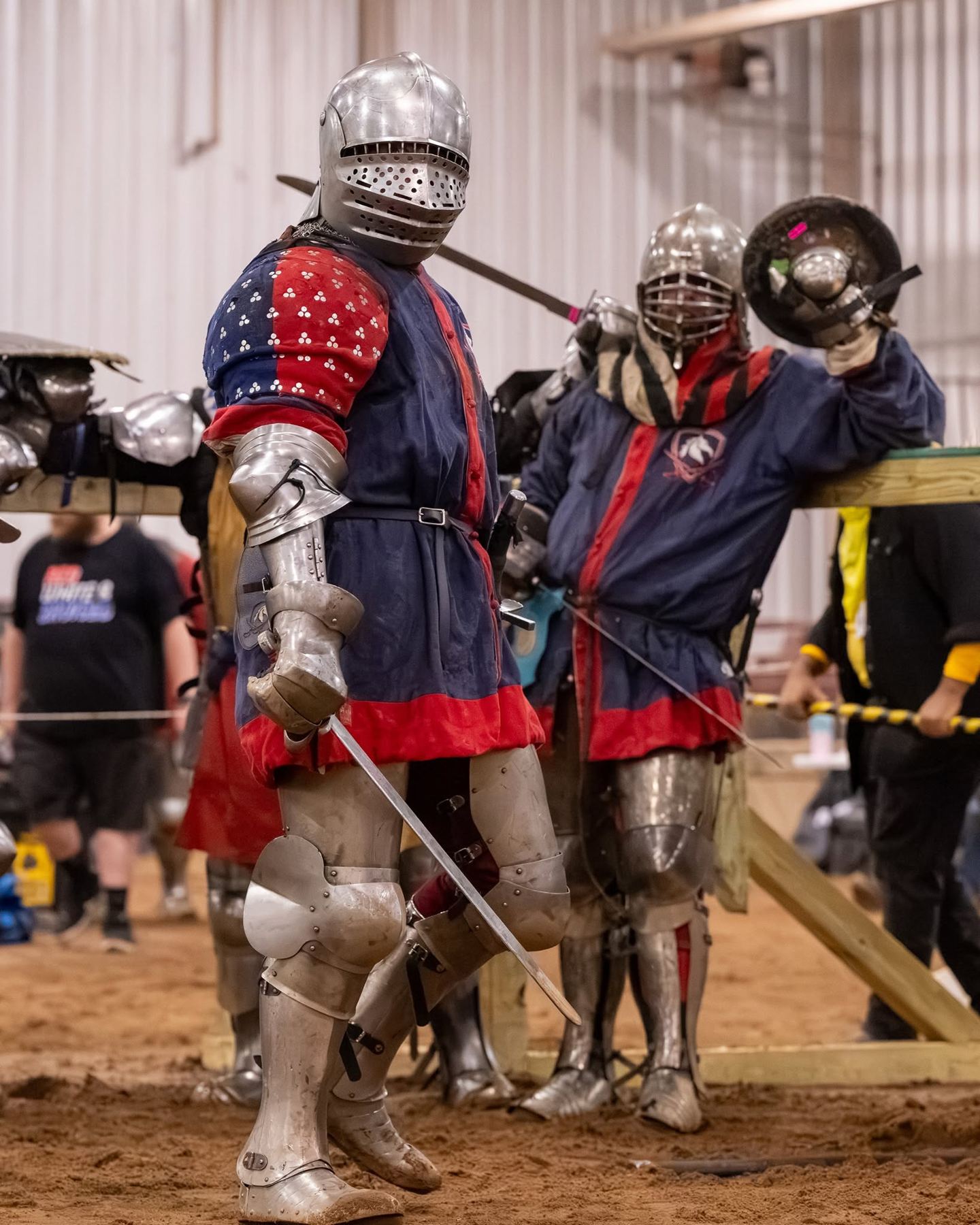 Two Dragoons at the list rail, one waving a gauntlet